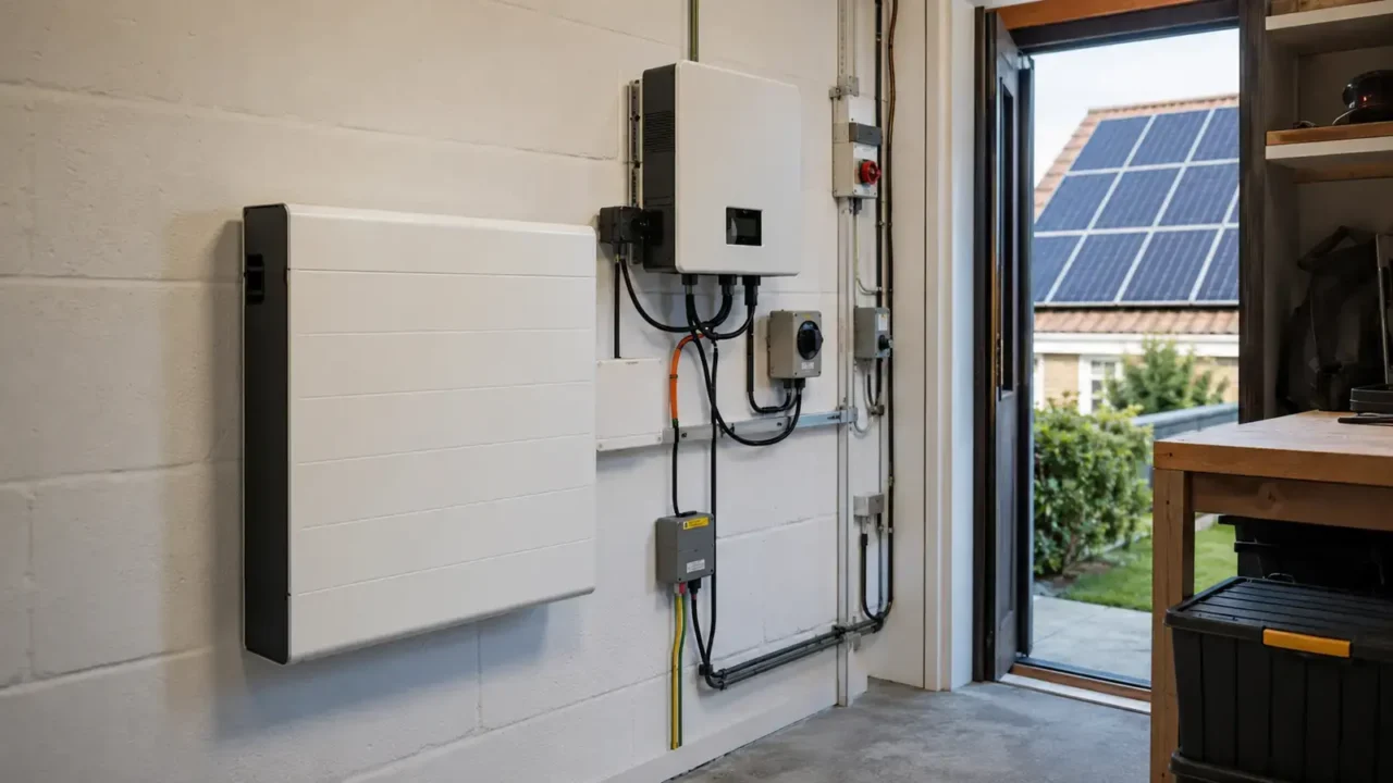 Batería residencial e inversor conectados a una instalación de placas solares