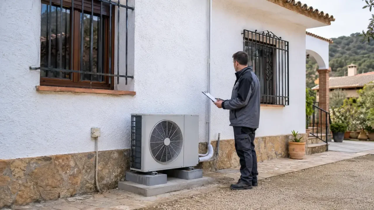 Técnico revisando una bomba de calor exterior en una vivienda existente