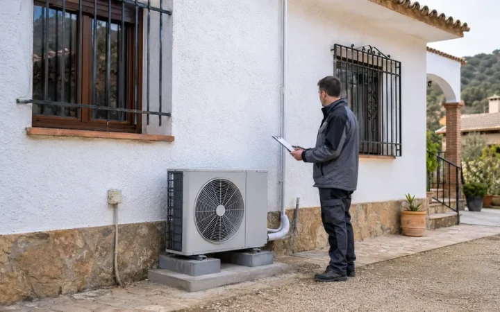 Técnico revisando una bomba de calor exterior en una vivienda existente