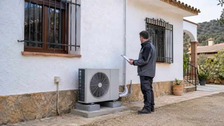 Técnico revisando una bomba de calor exterior en una vivienda existente