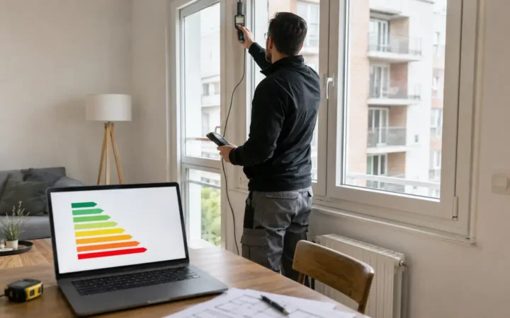 Técnico realizando mediciones para el certificado energético de una vivienda