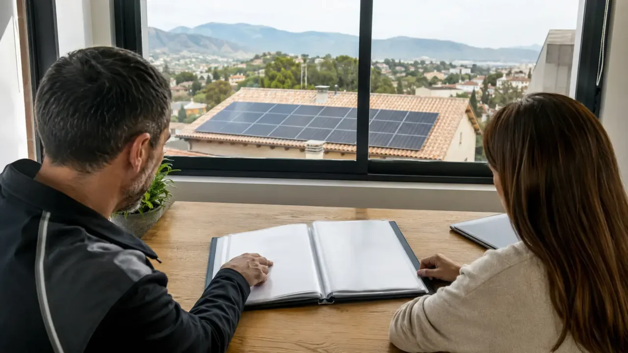 Instalador y propietaria revisando la documentación de una instalación fotovoltaica