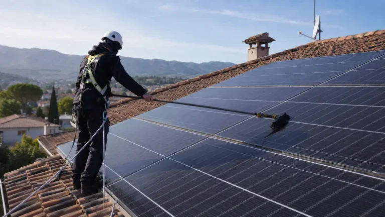 Técnico revisando y limpiando placas solares con protección anticaídas