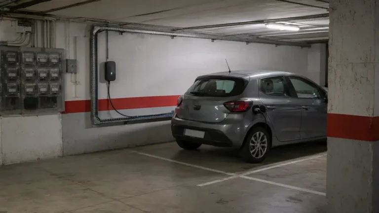 Coche eléctrico conectado a un punto de recarga en un garaje comunitario