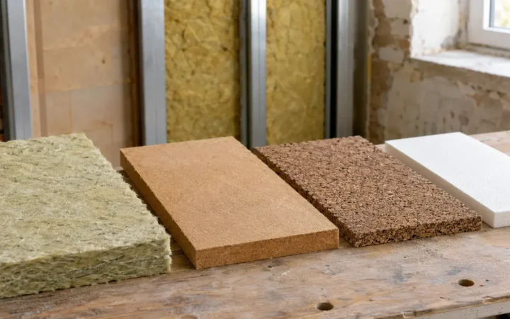 Muestras de lana mineral, fibra de madera, corcho y aislamiento rígido