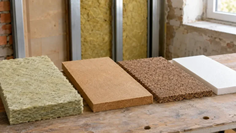 Muestras de lana mineral, fibra de madera, corcho y aislamiento rígido